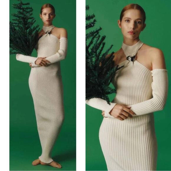 BAOBAB Yumiko Silver Embellished Long Sleeve Cutout Coconut Knit Maxi Dress Sz M - Picture 2 of 10